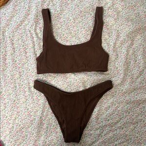 Brown Ribbed Bikini Set